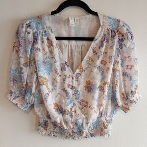 Joie Cream & Blue Floral Smocked Short Puff Sleeve Crop Blouse NWOT